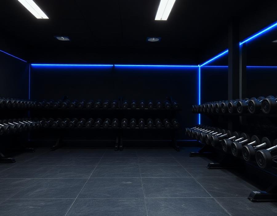 Área de musculação com racks de halteres e iluminação azul