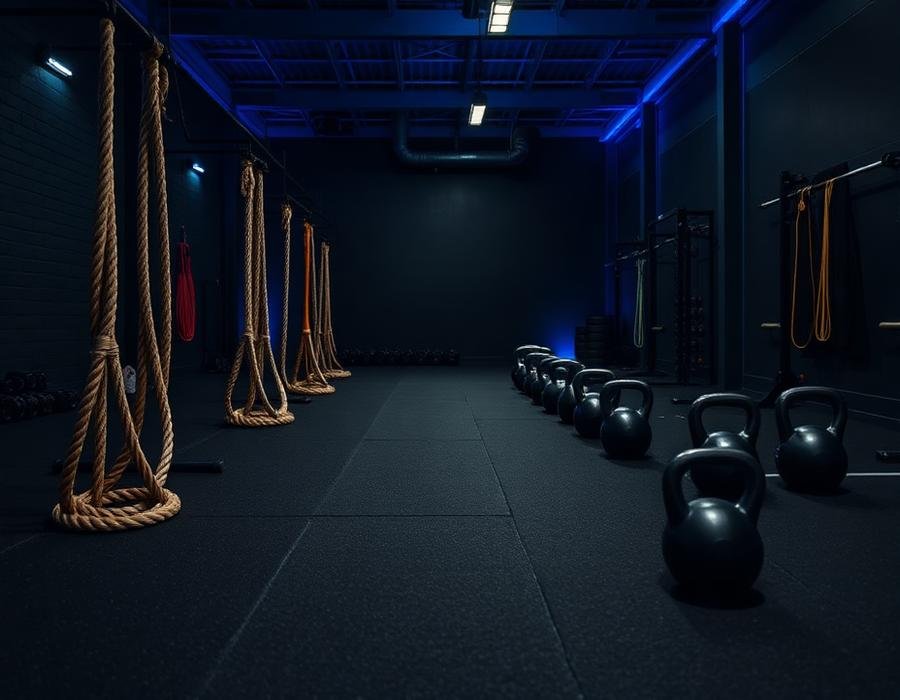 Área de treino funcional com kettlebells e cordas navais